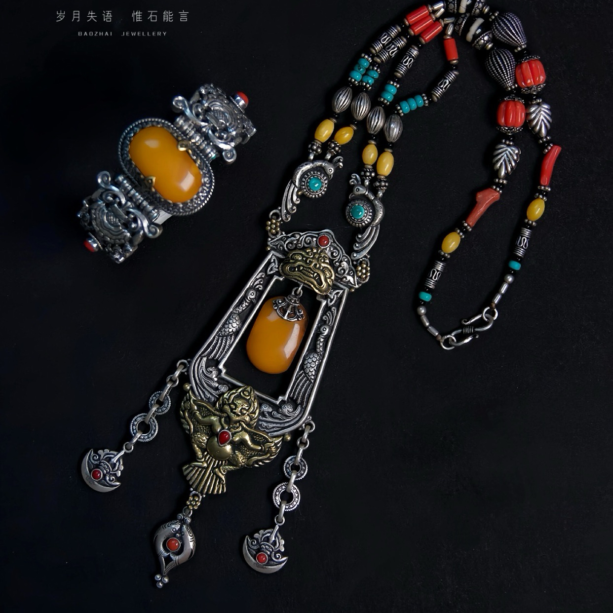 老蜜蜡手镯项链重工套装925纯银镶嵌复古做旧个性小众设计感高级