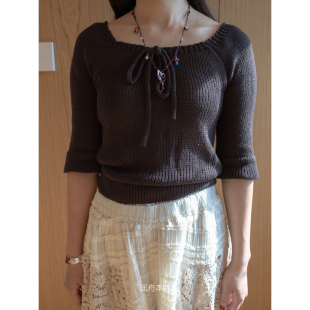 苍井优日系 针织衫 复古vintage 一字领中袖 绑带棕色系 匡舟本色