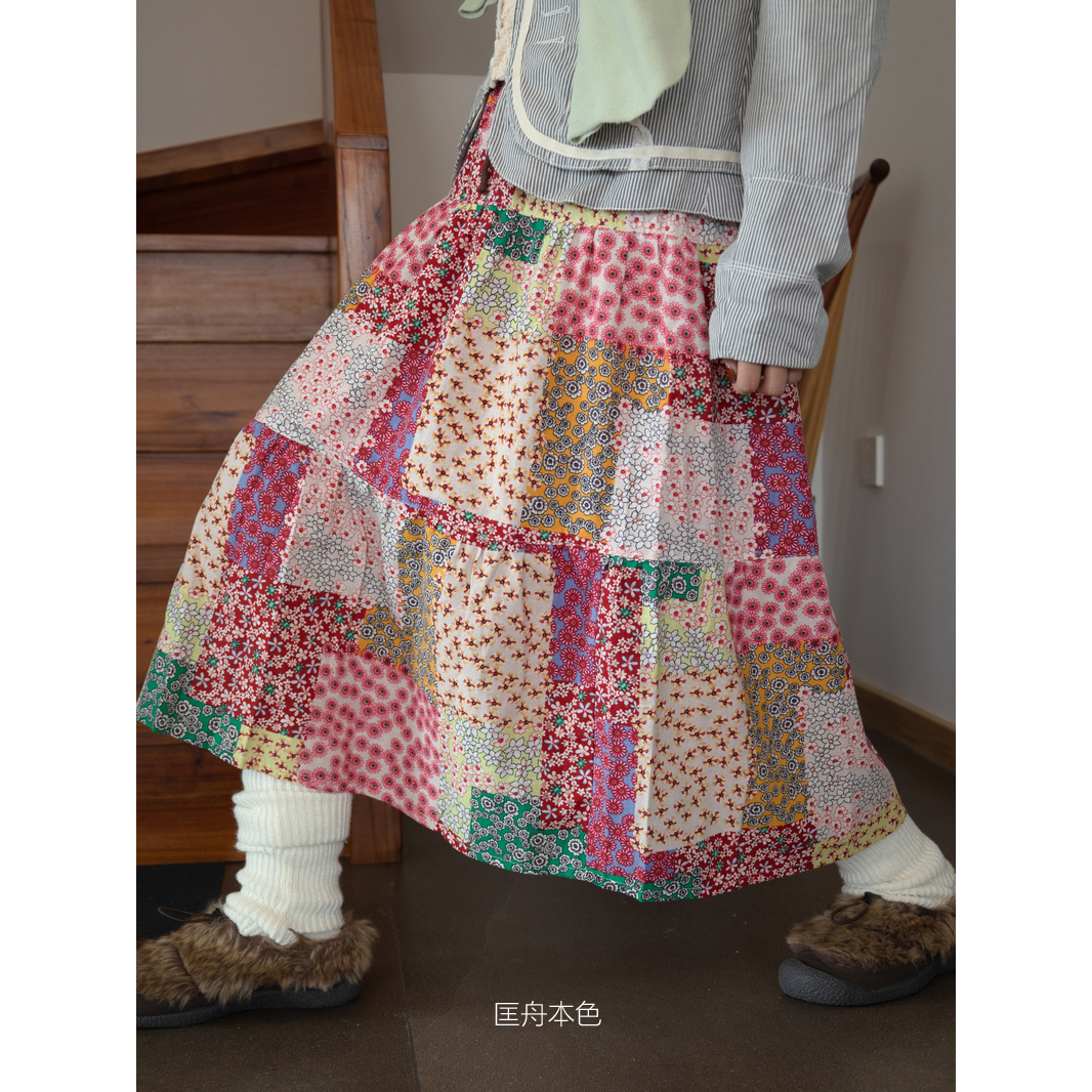 匡舟本色 日系森女vintage 苍井优 复古少女碎花拼接 民族半身裙