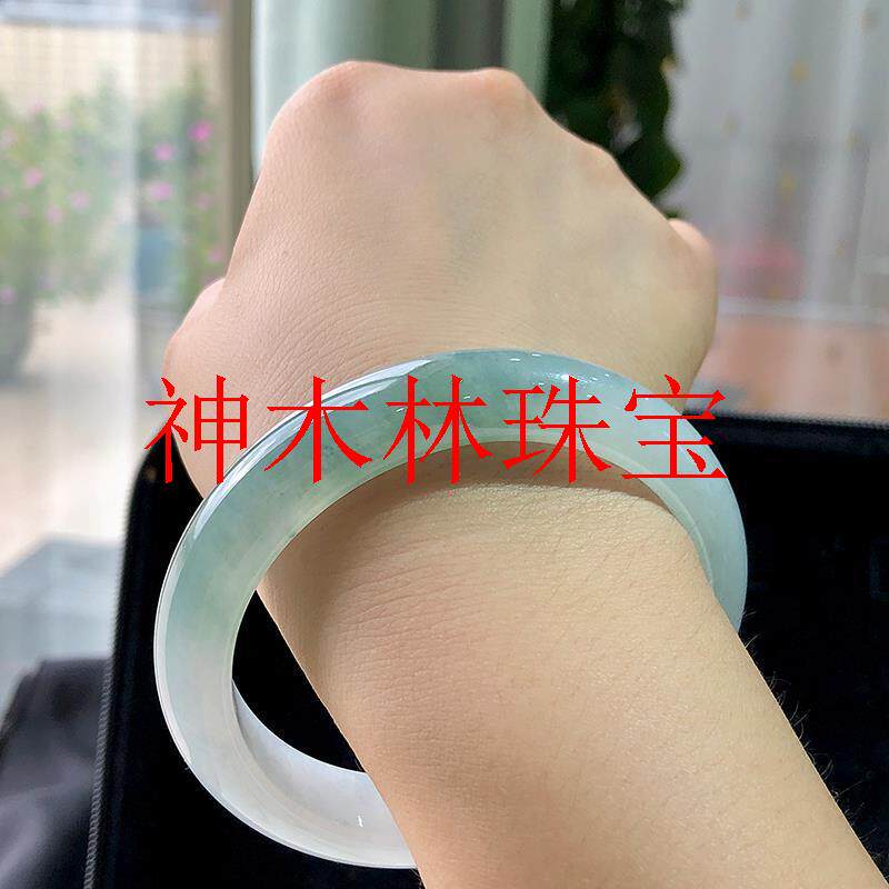 冰种油青翡翠手镯细圆条晴底飘绿玉镯子半山半水清冷感古风女款镯