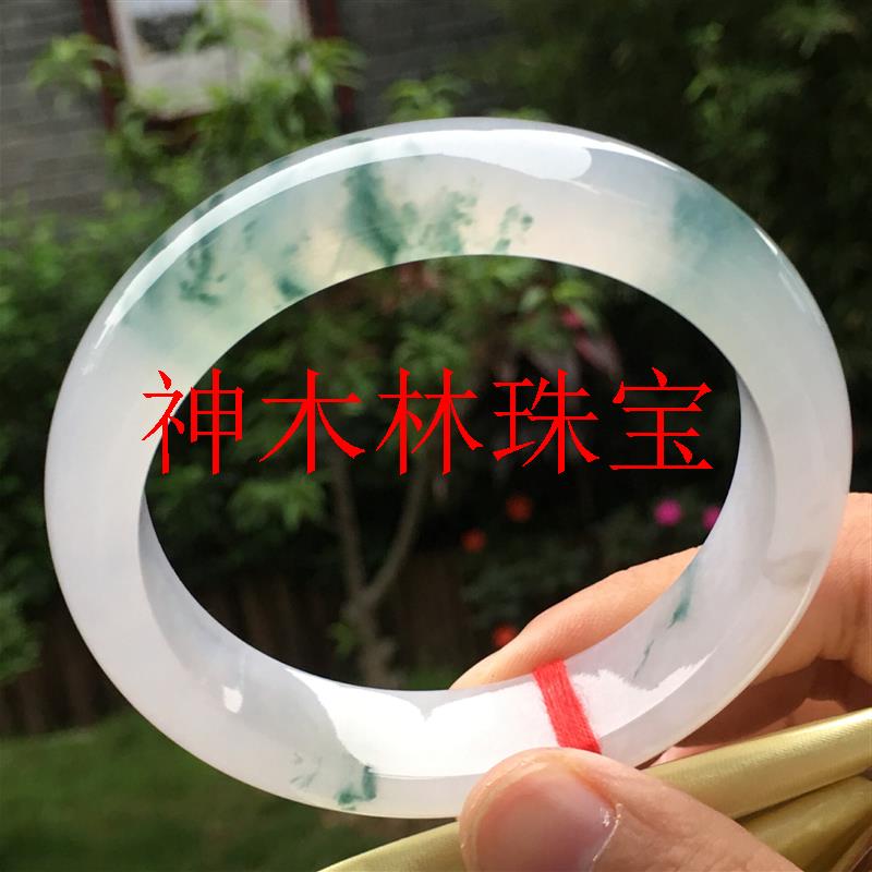 缅甸翡翠色玉石手镯白底冰种飘蓝绿花冰糯种干青阳绿圆条贵妃玉镯
