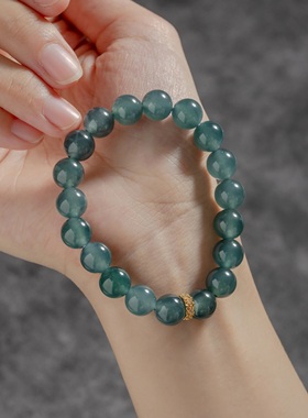 精品缅甸翡翠玉石老料蓝水圆珠单圈手串新中式国风蓝翡玉手链饰品