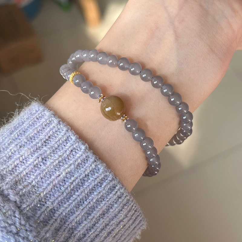 精选青海料和田玉烟紫小米珠项链烟灰紫罗兰手链多圈两用饰品送礼