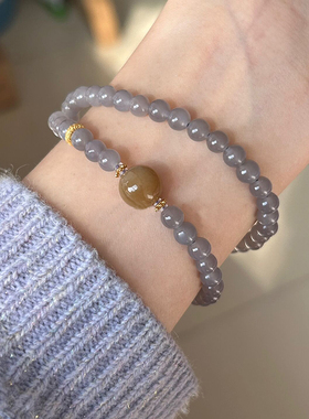 精选青海料和田玉烟紫小米珠项链烟灰紫罗兰手链多圈两用饰品送礼