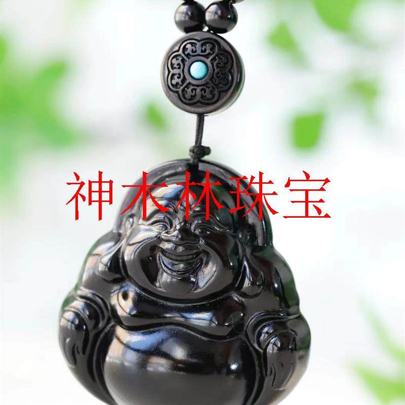 新疆和田玉墨玉山料佛公玉吊坠挂件弥勒佛一体链黑羊脂毛衣链项链