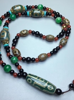 玛瑙满绿色三眼配九眼老天珠项链