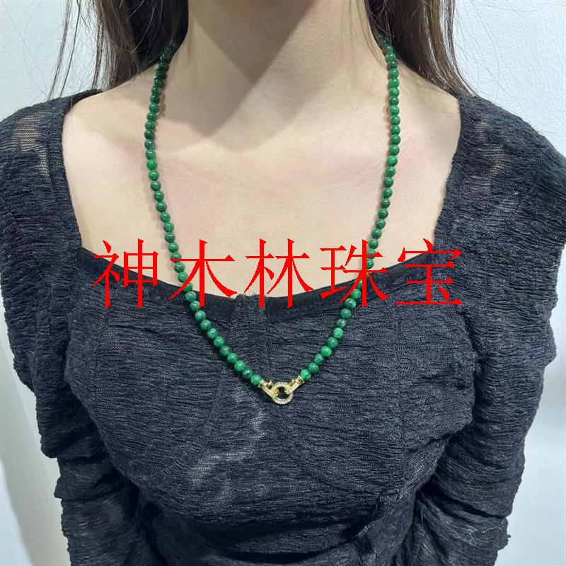缅甸翡翠色干青圆珠毛衣链新中式国风小米珠项链阳绿色女士锁骨链