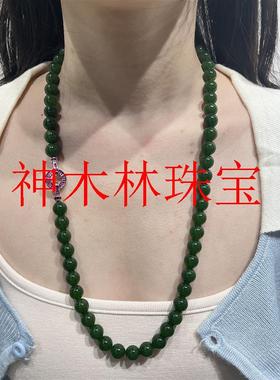 俄罗斯碧玉大颗粒项链长款新中式和田玉菠菜绿原创女款圆珠毛衣链