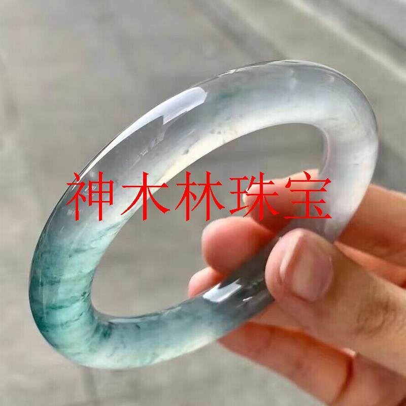 缅甸高冰种飘蓝绿花翡翠色玉手镯