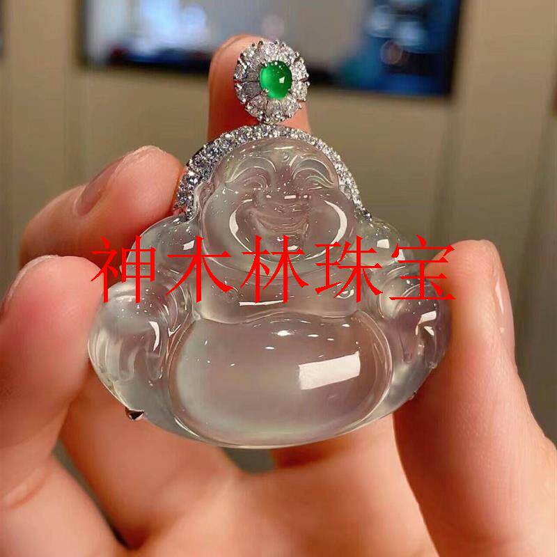缅甸冰种翡翠色佛公吊坠老坑白月光观音玉坠子金镶嵌笑佛锁骨项链