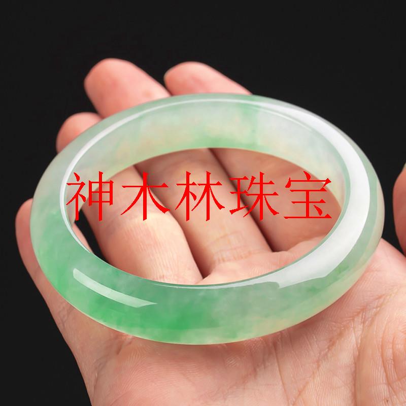 冰种飘花翡翠手镯送礼缅甸老坑玉石处理正阳绿冰糯种白底青玉镯子