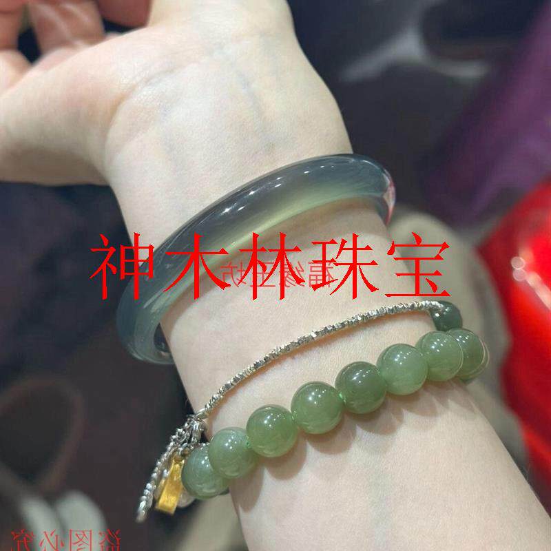 高端精品玉手镯冰种巴西青木灰玉髓玉镯子玛瑙少女显白年轻圆条款