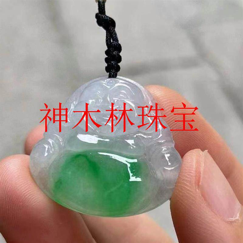 缅甸老坑料冰种飘花阳绿翡翠色弥勒佛吊坠女款锁骨链挂件佛公项链