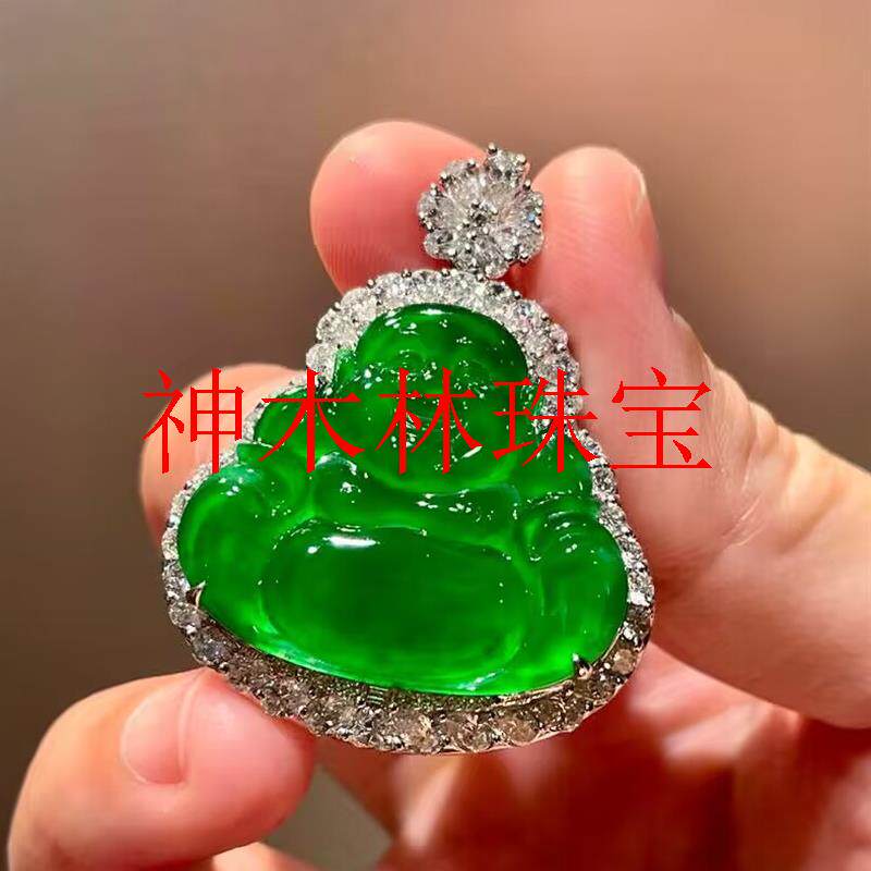 冰种翡翠色佛公玉吊坠缅甸老坑帝王绿新中式镀金镶嵌玉弥勒佛挂件