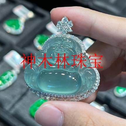 缅甸蓝水翡翠色冰种佛公玉吊坠金镶嵌天空蓝玻璃种弥勒佛毛衣项链