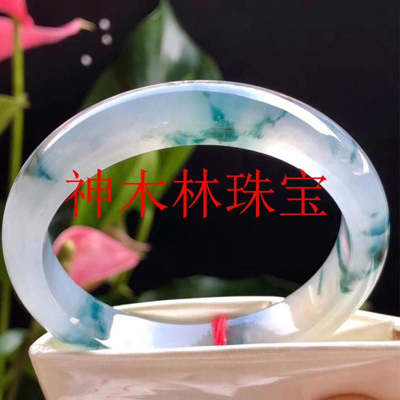 高端缅甸老坑翡翠色玉手镯高冰种正圈玉镯飘蓝花圆条通透贵妃镯子