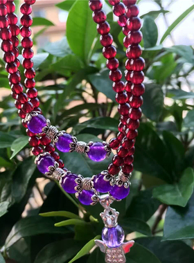 天然石榴石紫水晶小天使转运平安水晶饰品3圈手链七夕情人节礼物