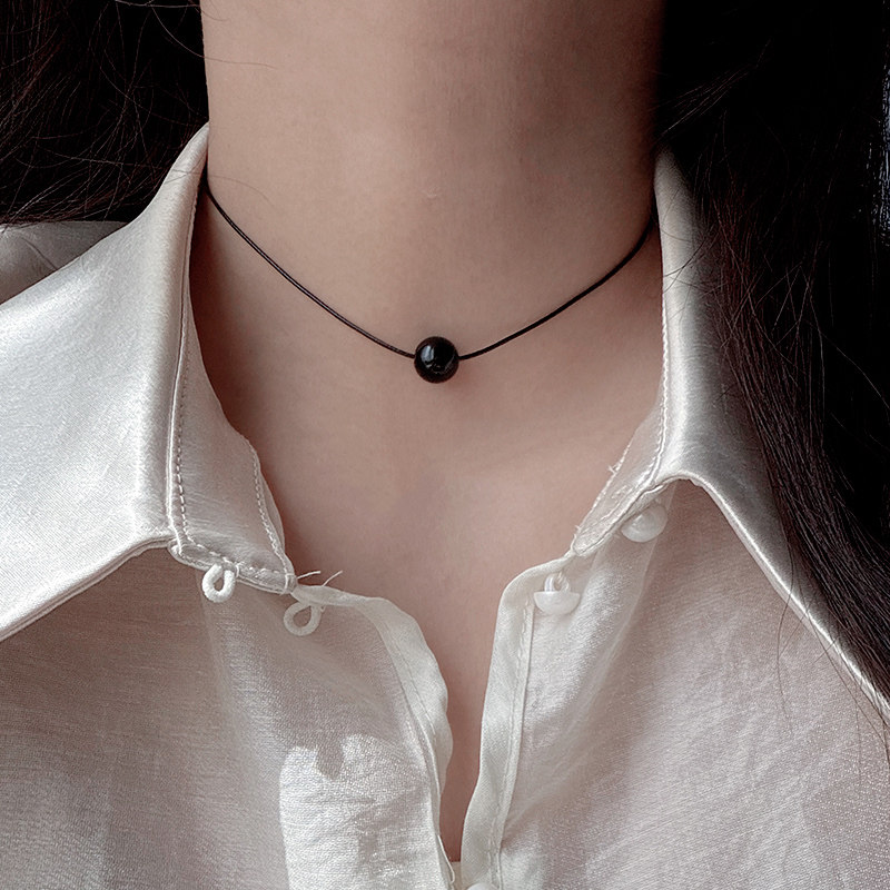 纯银细款黑绳黑曜石白水晶项链女款choker短款锁骨链颈链项圈颈带