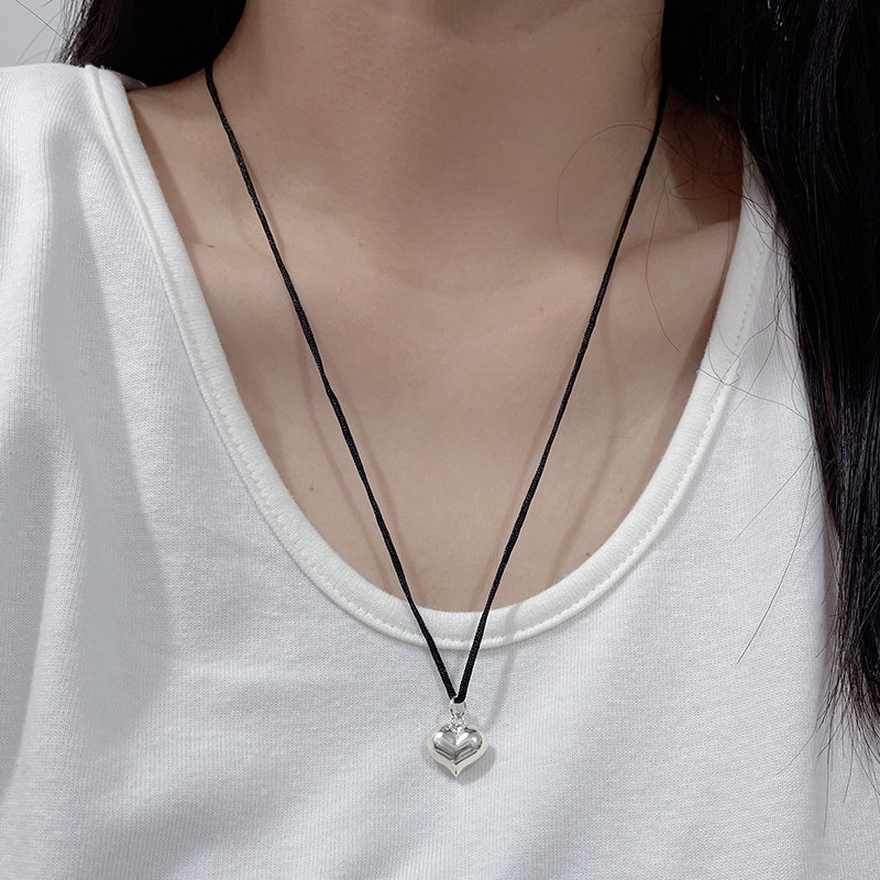 925纯银博主同款爱心桃心黑绳项链2026新款ins可调节choker锁骨链