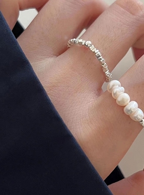 通体925纯银碎银子珍珠戒指百搭