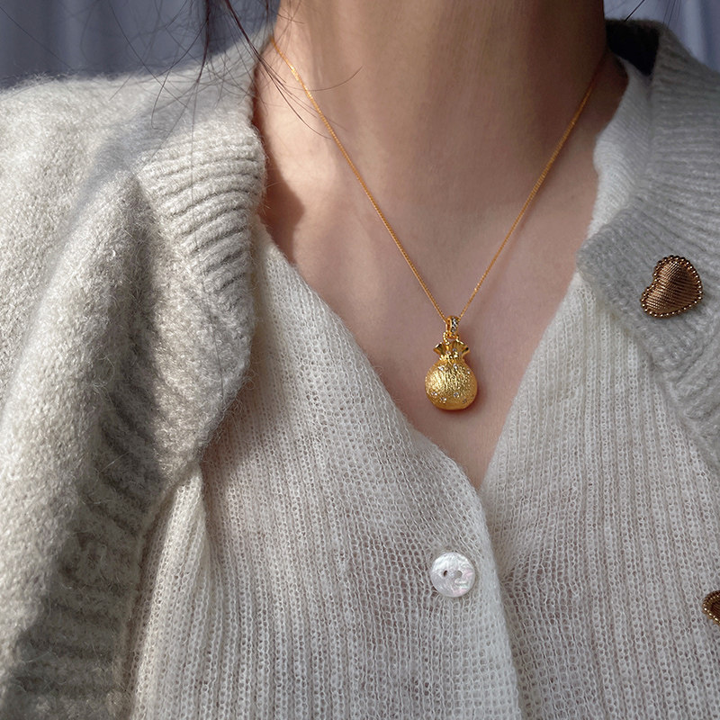 新中式S925纯银肖邦链古法点钻拉丝福袋吊坠项链女款新款锁骨链潮