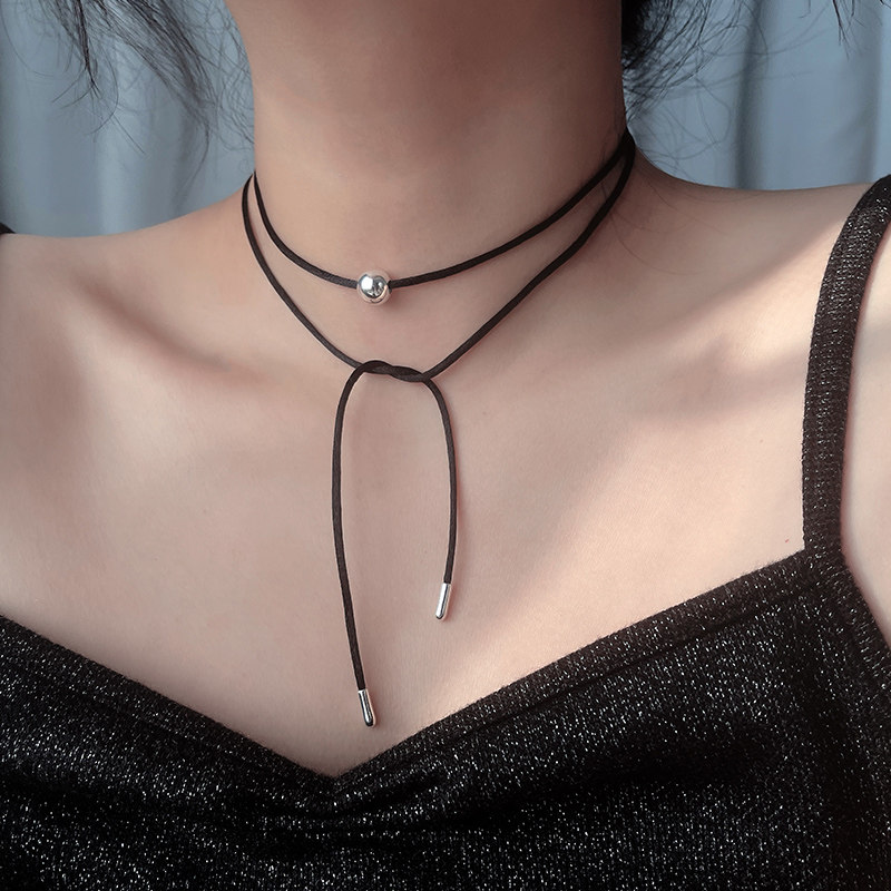 S925纯银圆珠韩国博主同款多种戴法黑色系带项链女款小众银珠绳链