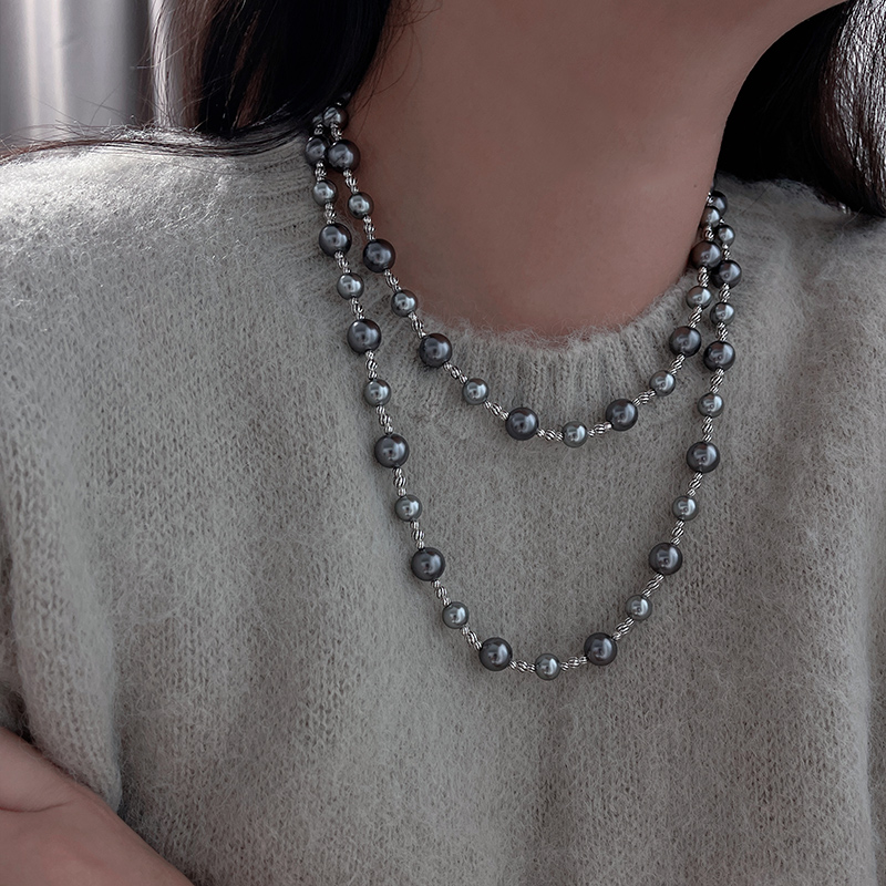 倪妮纯银珠大溪地珍珠项链毛衣链