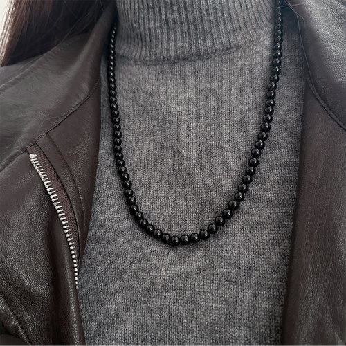 天然7A级黑玛瑙毛衣项链女款纯银