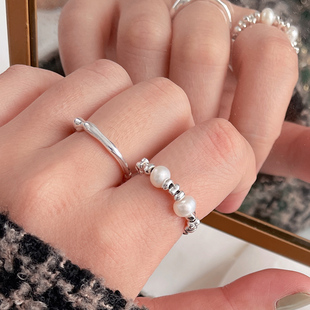 s925纯银碎银子拼接淡水珍珠戒指女2024年新款简约指环小众设计感