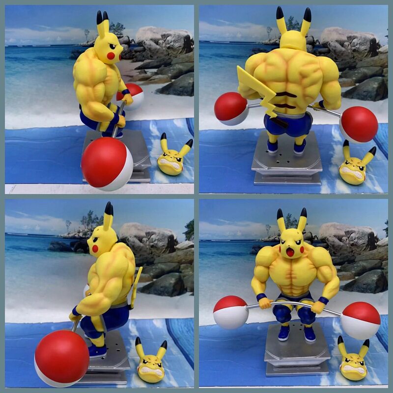 宠物小精灵 gk健身肌肉 举杠铃皮卡丘 双头雕 模型 摆件 盒装手办