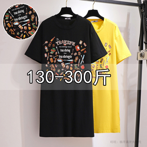 300斤特大码春夏女装230胖妹妹卡通短袖T恤中长款显瘦宽松连衣裙