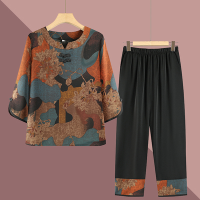 圆领雪纺洋气短袖套装奶奶夏装