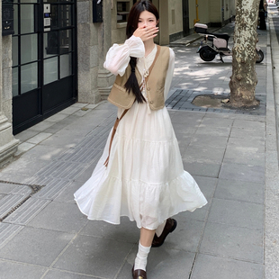 甜美a字连衣裙马甲减龄长裙套装 新款 气质长袖 法式 女 温柔风喇叭袖