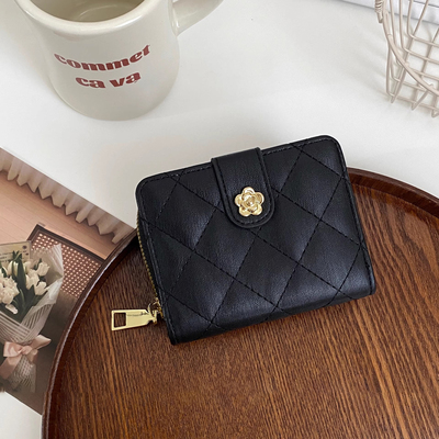 山茶花菱格钱包女短款卡包一体