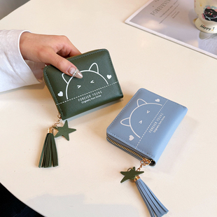 可爱猫咪零钱包女短款 简约印花学生拉链卡包硬币包小钱包 2026新款