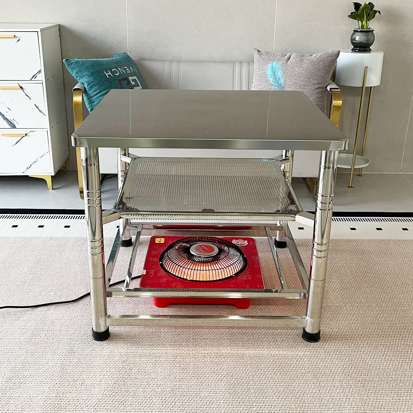 新款家用烤火桌子全不锈钢SUS304冬季取暖正方形折叠组装电炉餐桌