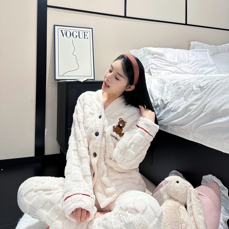 【熊韵柔奢】秋冬季睡衣女软绵绵保暖开衫甜美可爱小熊长袖套装