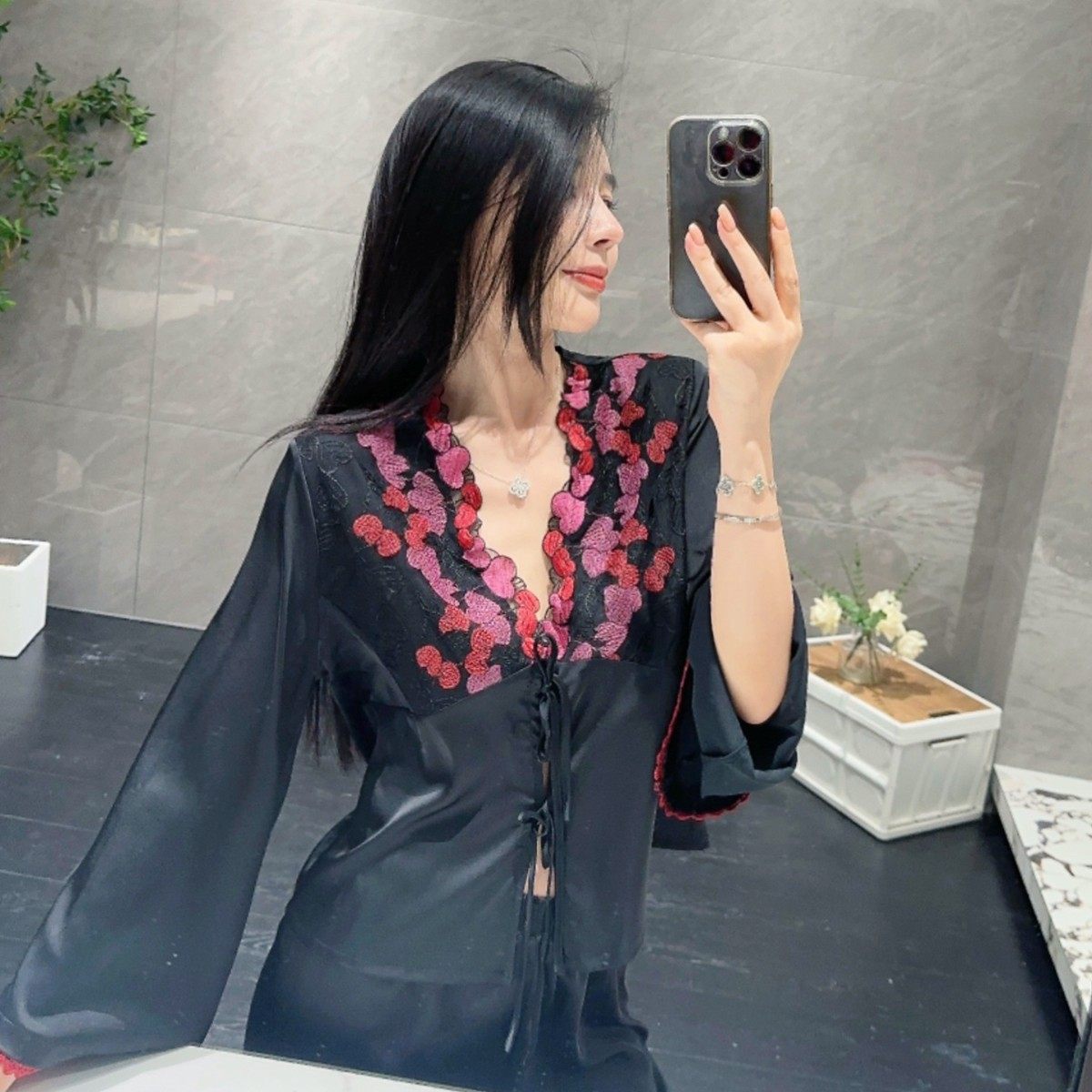 【繁花姒锦】春秋季冰丝睡衣性感蕾丝绣花系带高级感家居服套装女