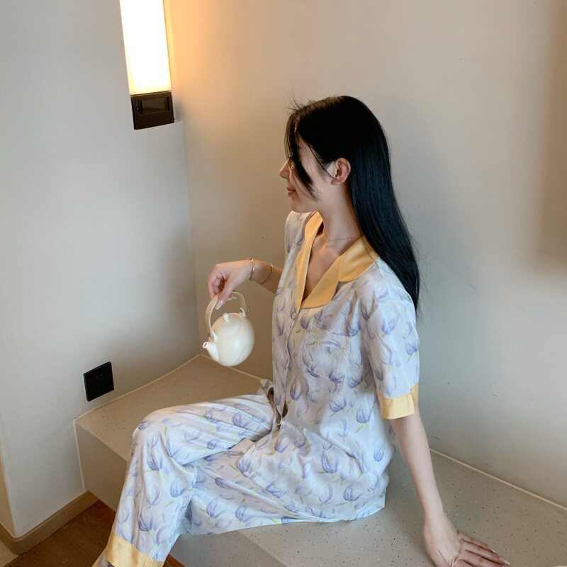 【春色花语】春季新款睡衣冰丝翻领甜美气质短袖长裤家居服套装女