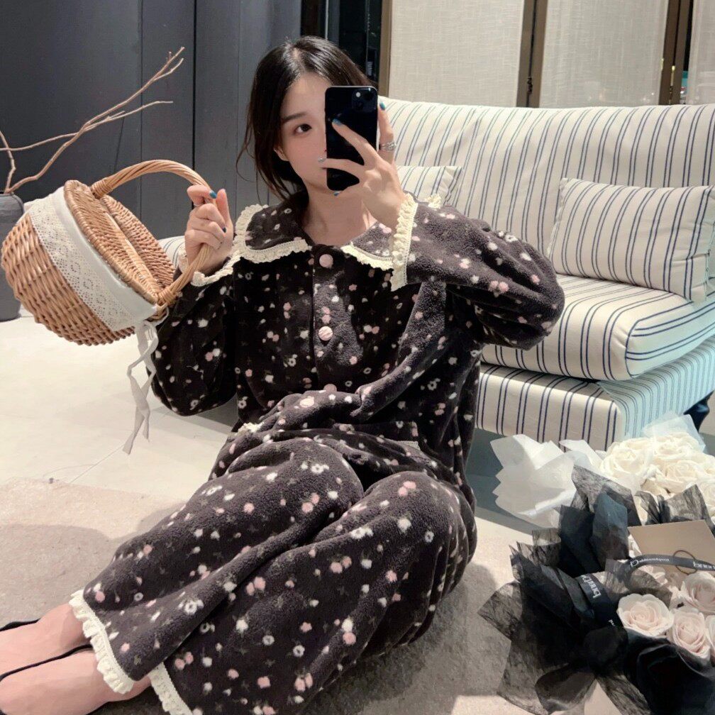 【蕾丝碎花】蕾丝碎花睡衣女款冬季加绒保暖娃娃领长袖套装家居服