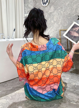 【绝爱艺术家】夏季轻奢冰丝睡裙欧美仿真丝彩色条纹家居服睡衣女