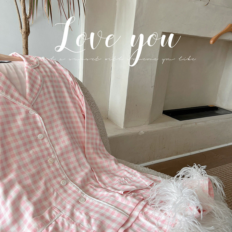 【祝你晚安好梦】一口棉花糖粉格纹鸵鸟羽毛品质睡衣女棉绸家居服