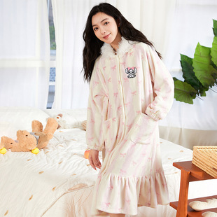 2025秋冬新款蝴蝶结兔子珊瑚绒浴袍加厚保暖可爱女士家居睡袍现货