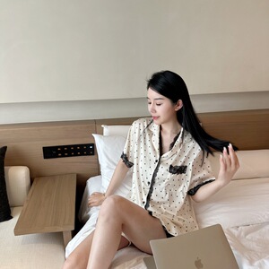 【奶气心点】夏季新款睡衣冰丝女短袖蕾丝花边设计甜美波点家居服