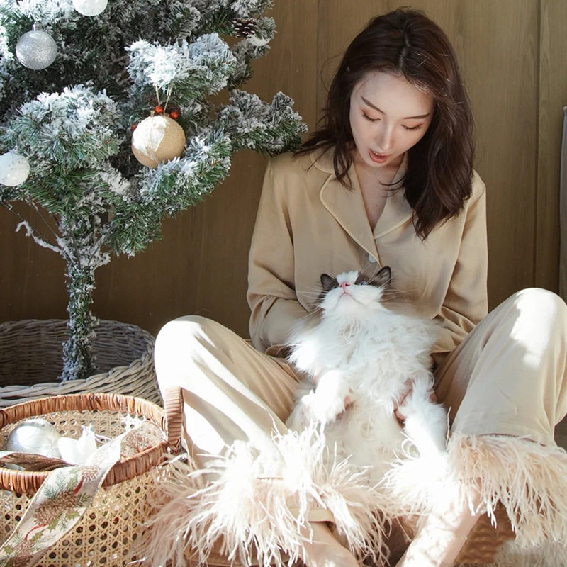 QRYS卡其色鸵鸟羽毛高品质睡衣女纯棉网红爆款春秋季家居服套装