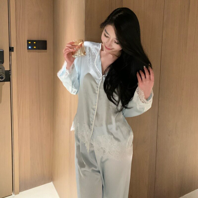 【睫毛开衫】春季新款睡衣冰丝女纯欲蕾丝花边长袖长裤家居服套装