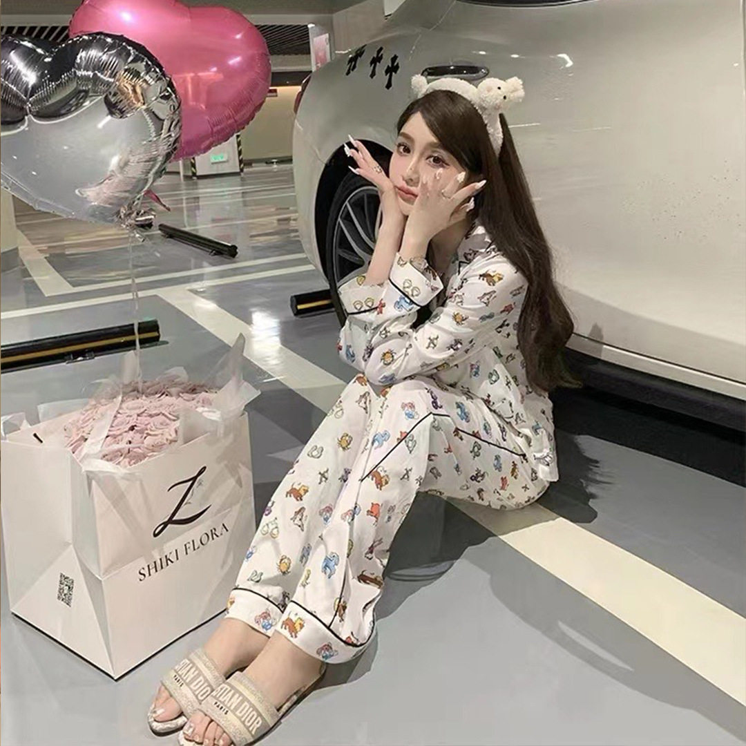 摩羯星座书长袖睡衣可爱真丝女