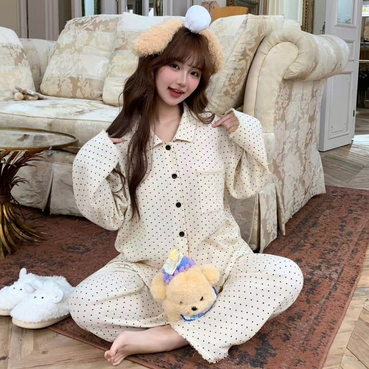 【甜栗】韩系春秋纯棉双层纱ins风女波点可爱长袖睡衣家居服套装