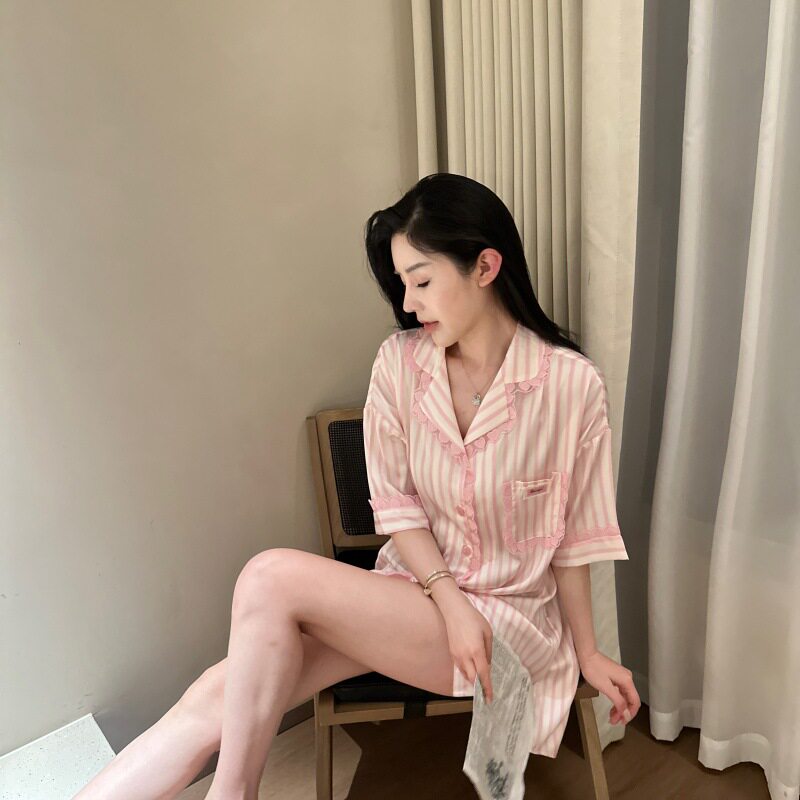 【浪屿条纹衬衫裙】2026春秋季女冰丝条纹睡裙短袖家居服柔软舒适