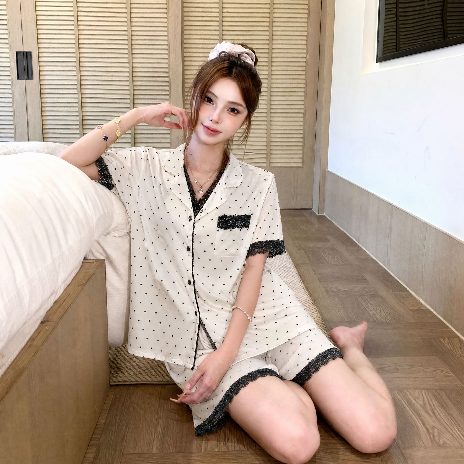 【奶气心点】2026夏季短袖睡衣新款冰丝蕾丝花边甜美套装家居服女